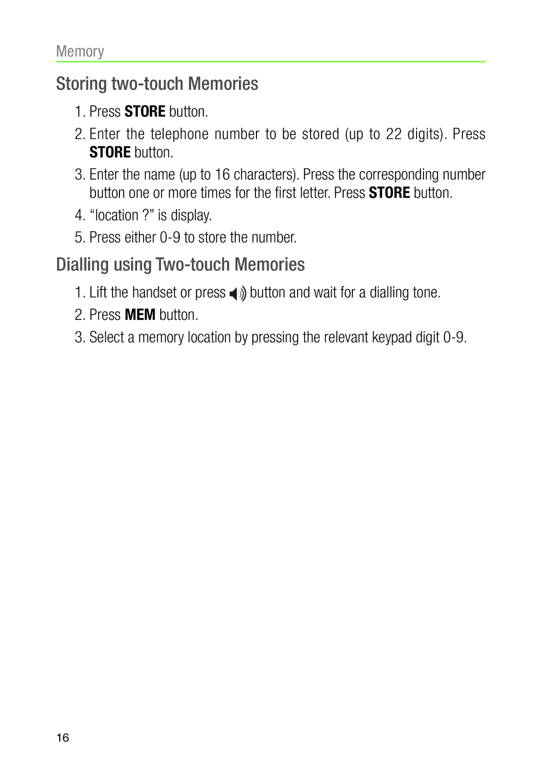 Oricom TP30 manual Storing two-touch Memories, Dialling using Two-touch Memories 