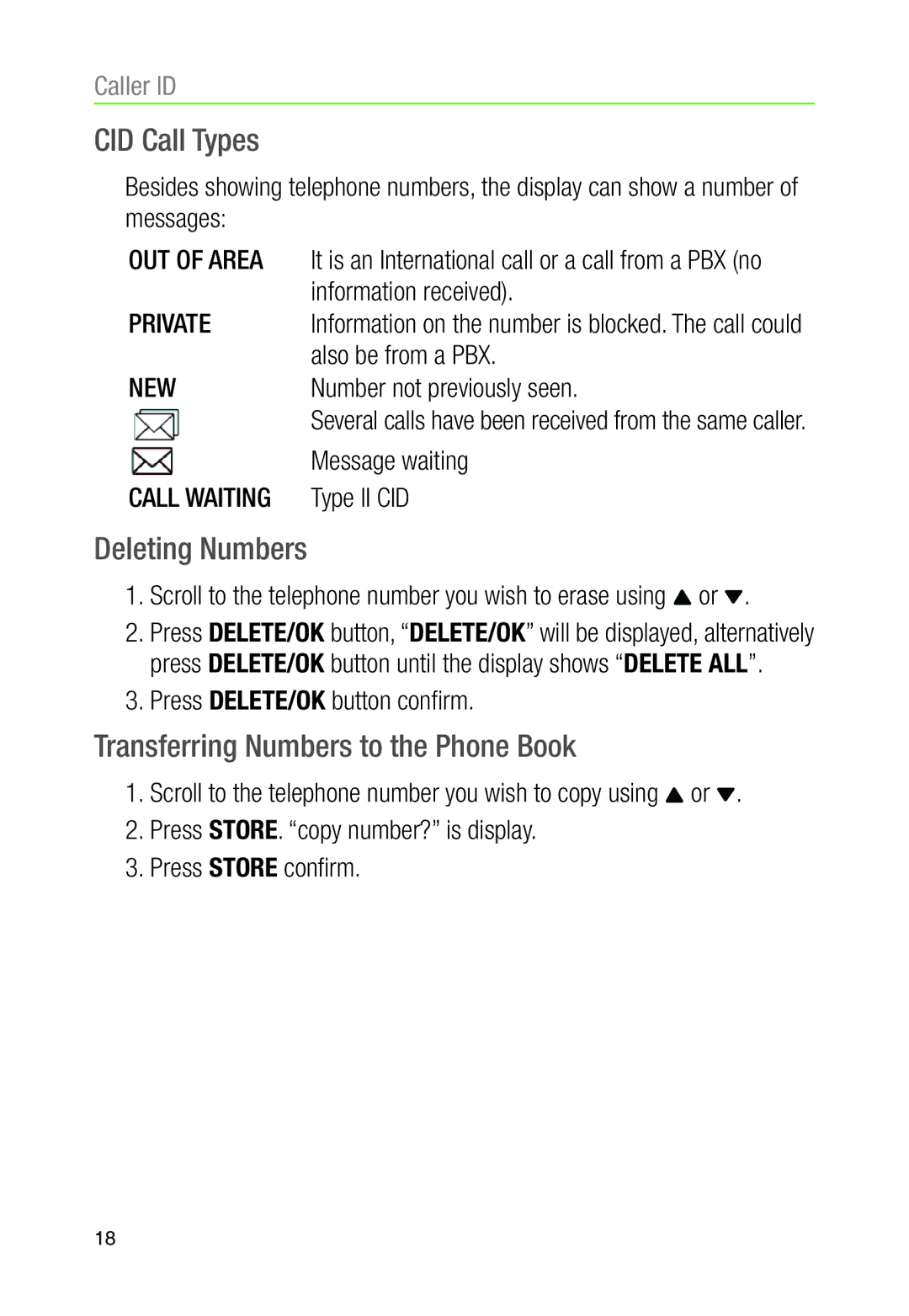 Oricom TP30 manual CID Call Types, Deleting Numbers, Transferring Numbers to the Phone Book 