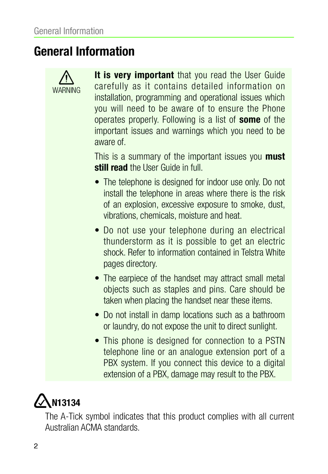 Oricom TP30 manual General Information, N13134 