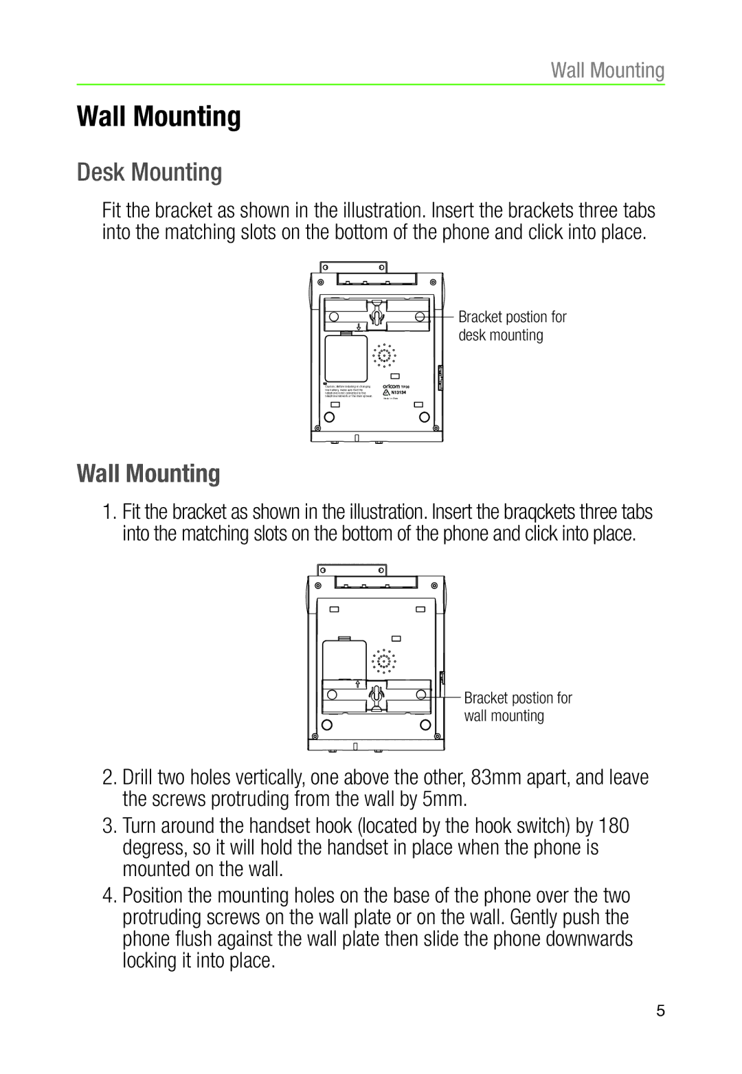 Oricom TP30 manual Wall Mounting, Desk Mounting 