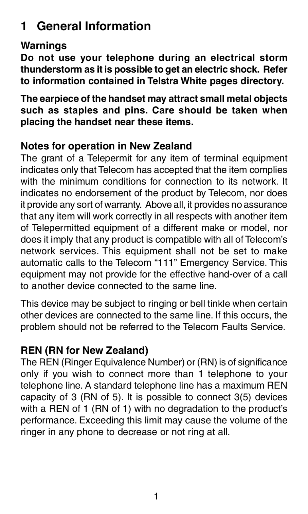 Oricom TP58 manual General Information, REN RN for New Zealand 