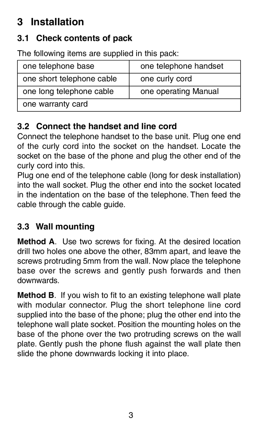 Oricom TP58 manual Installation, Check contents of pack, Connect the handset and line cord, Wall mounting 