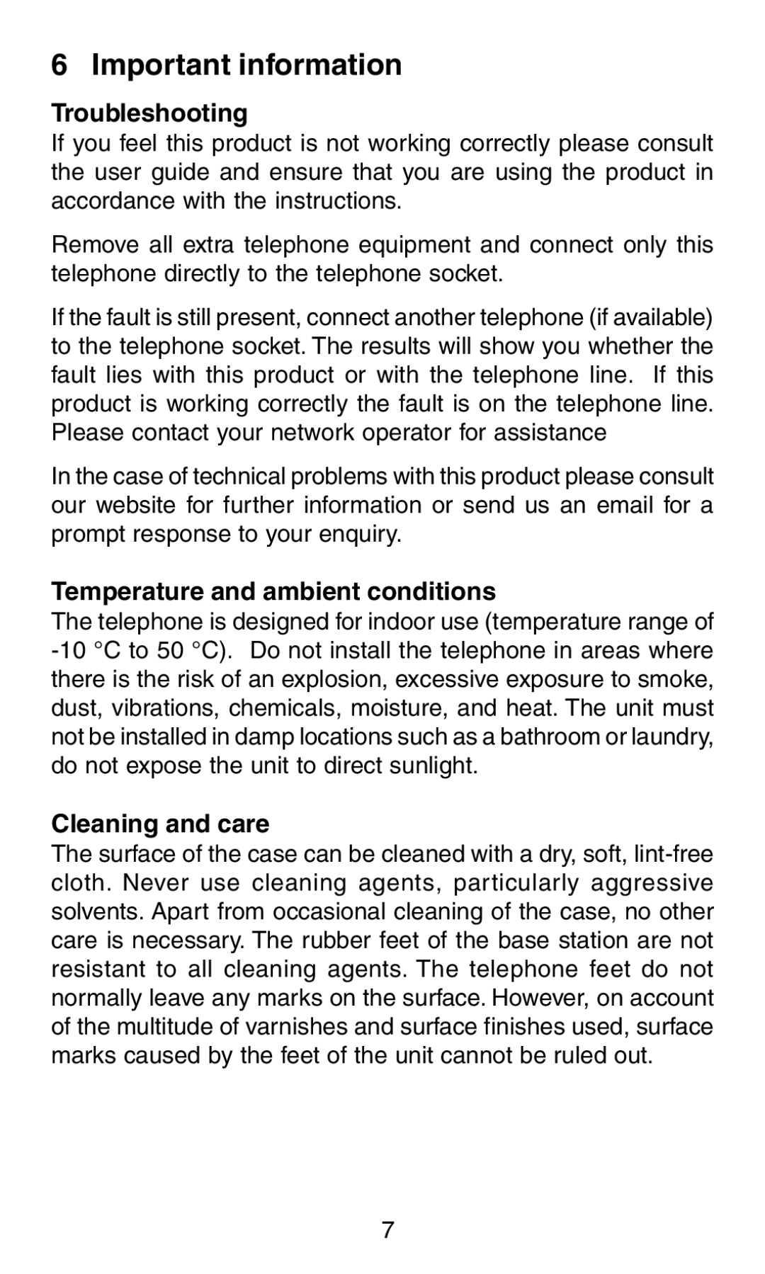 Oricom TP58 manual Important information, Troubleshooting, Temperature and ambient conditions, Cleaning and care 