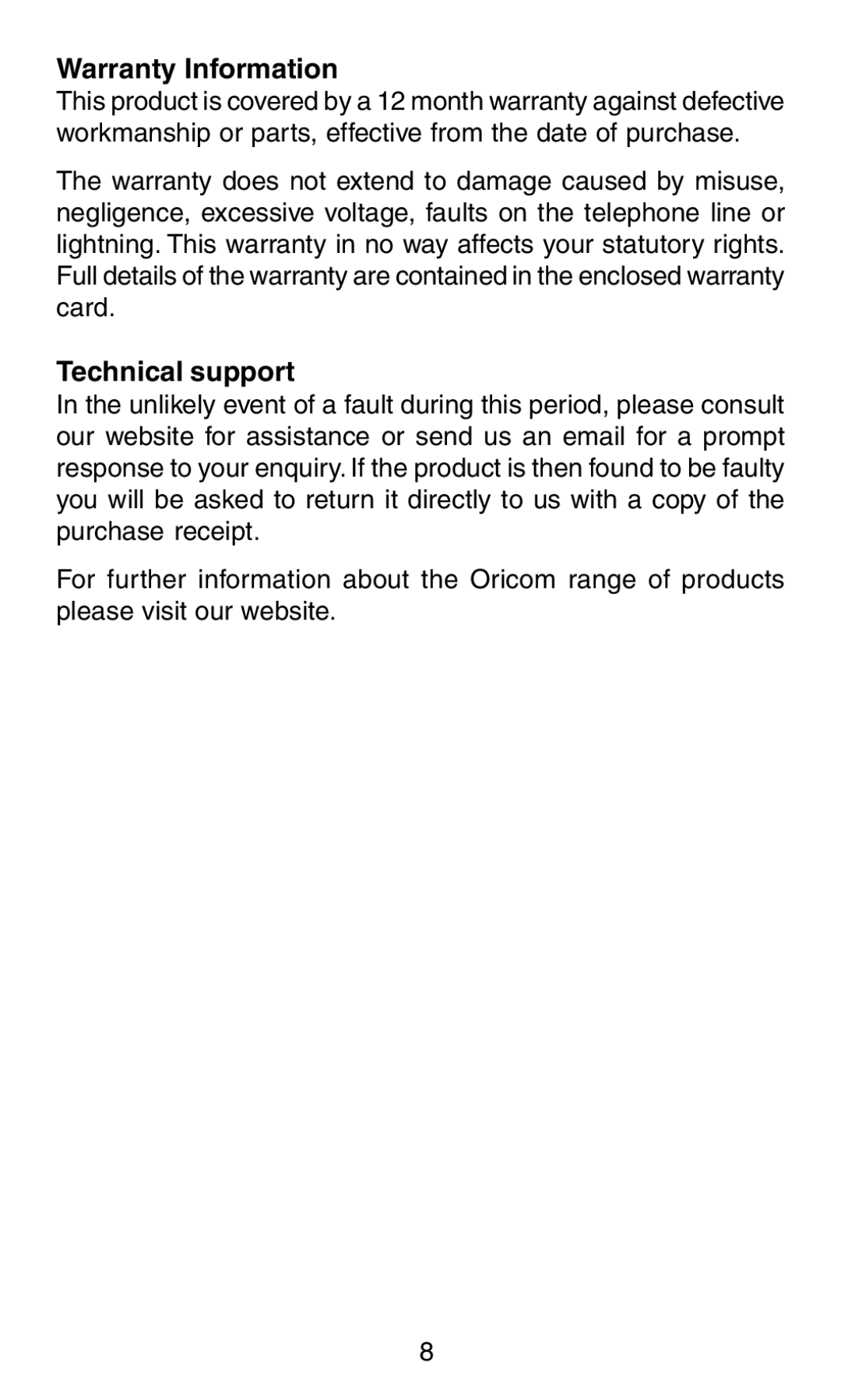 Oricom TP58 manual Warranty Information, Technical support 