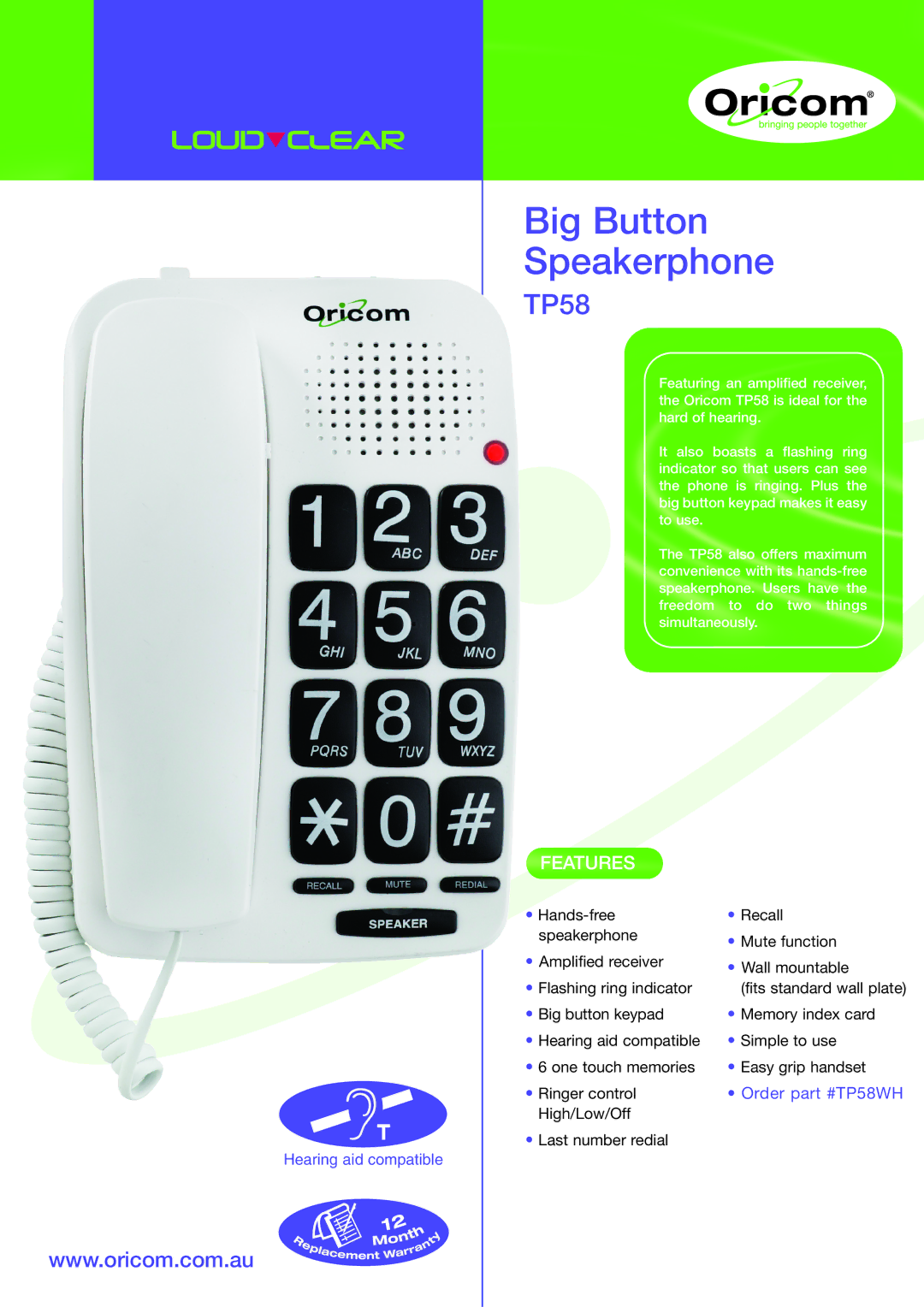 Oricom TP58 manual Big Button Speakerphone, Features 