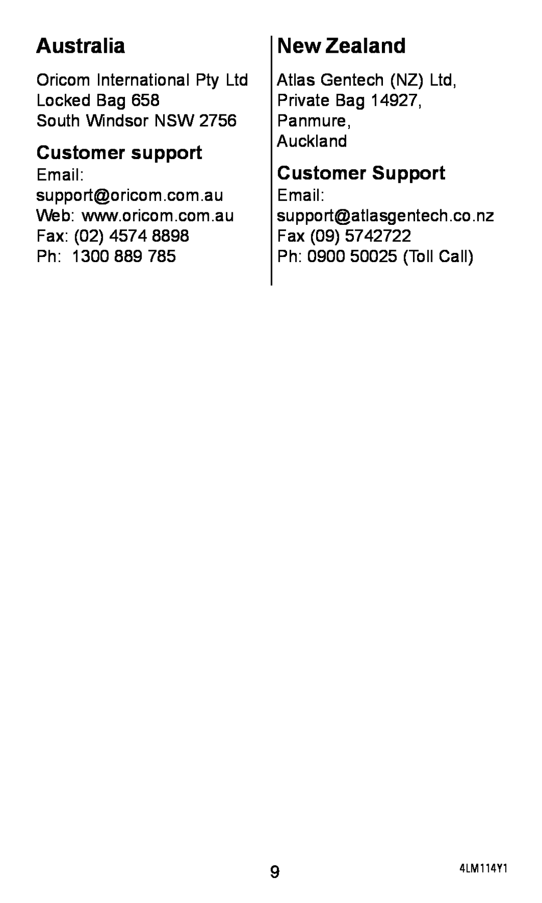 Oricom TP58 Australia, New Zealand, Customer support, Customer Support, Locked Bag South Windsor NSW, Email, Ph 1300 889 