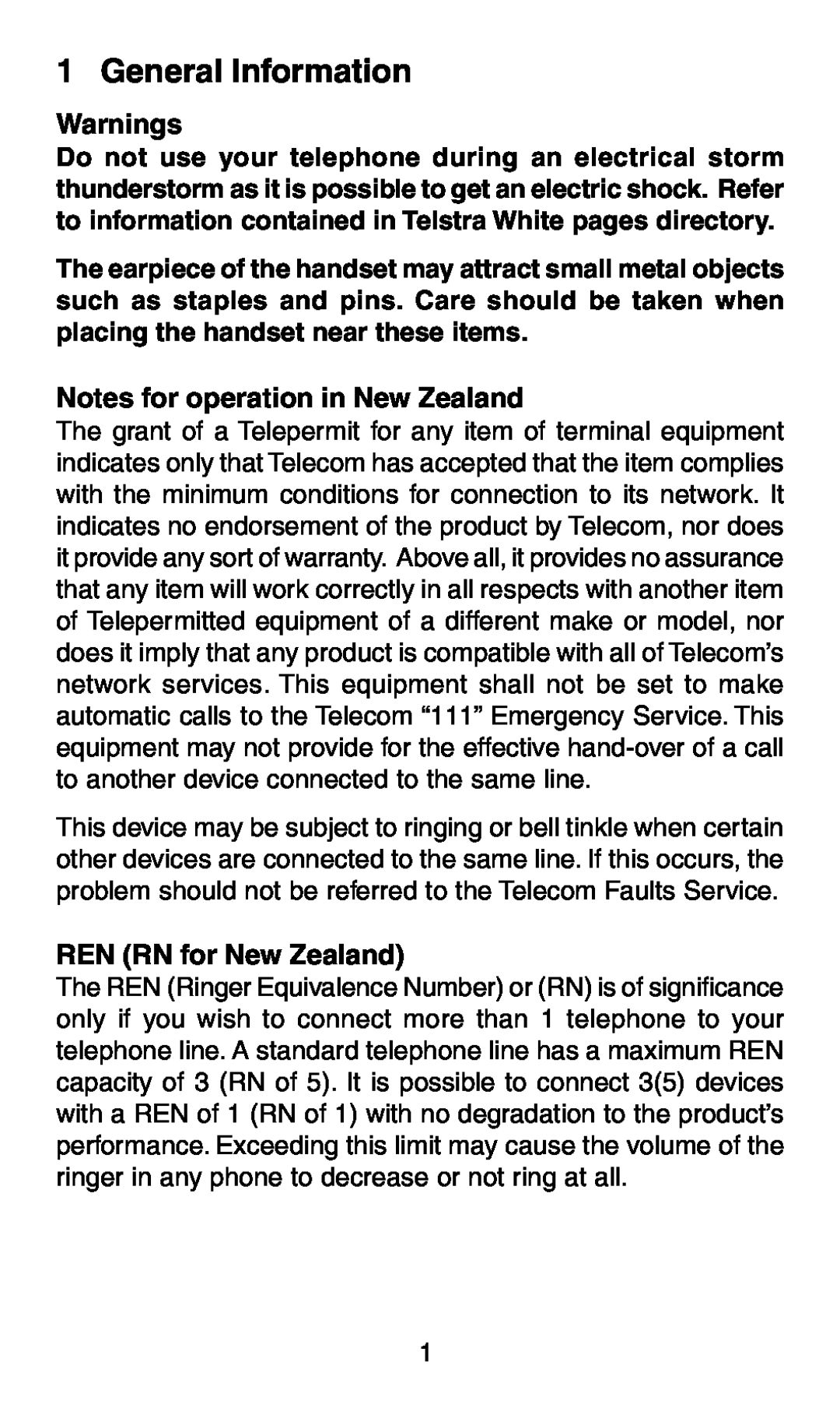 Oricom TP58 manual General Information, Warnings, Notes for operation in New Zealand, REN RN for New Zealand 