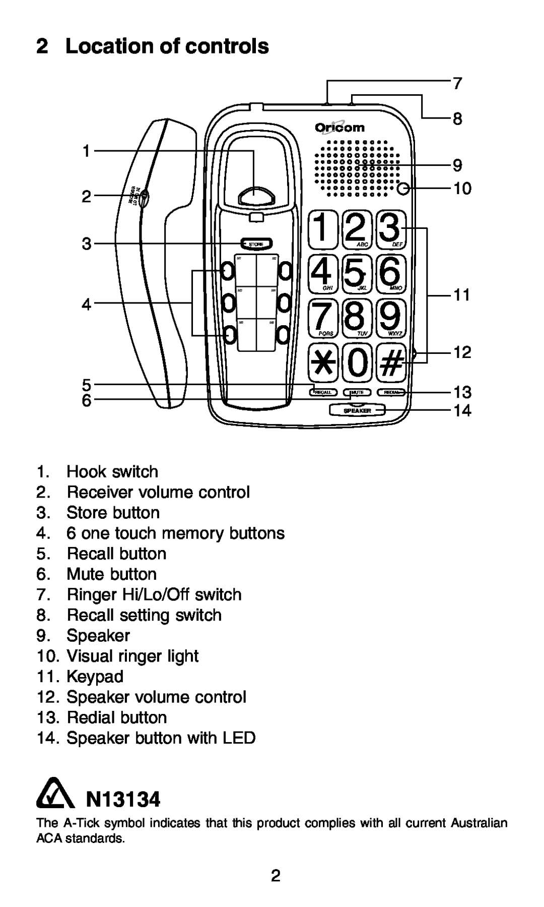 Oricom TP58 manual Location of controls, N13134 