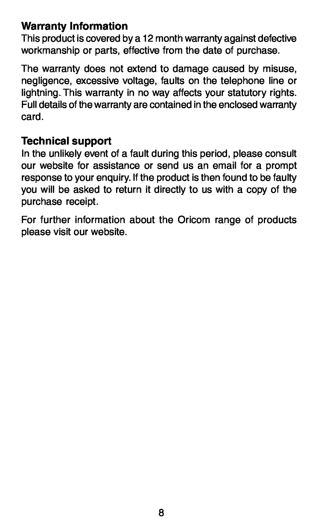 Oricom TP58 manual Warranty Information, Technical support 