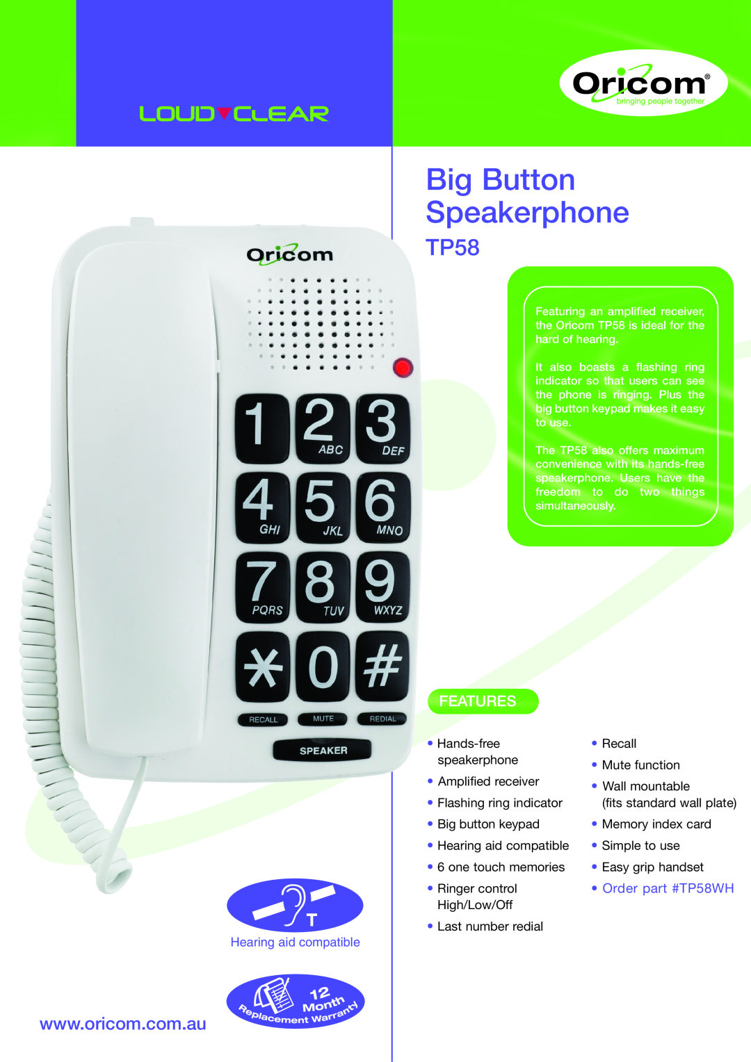 Oricom manual Big Button Speakerphone, Features, Order part #TP58WH, Hearing aid compatible 