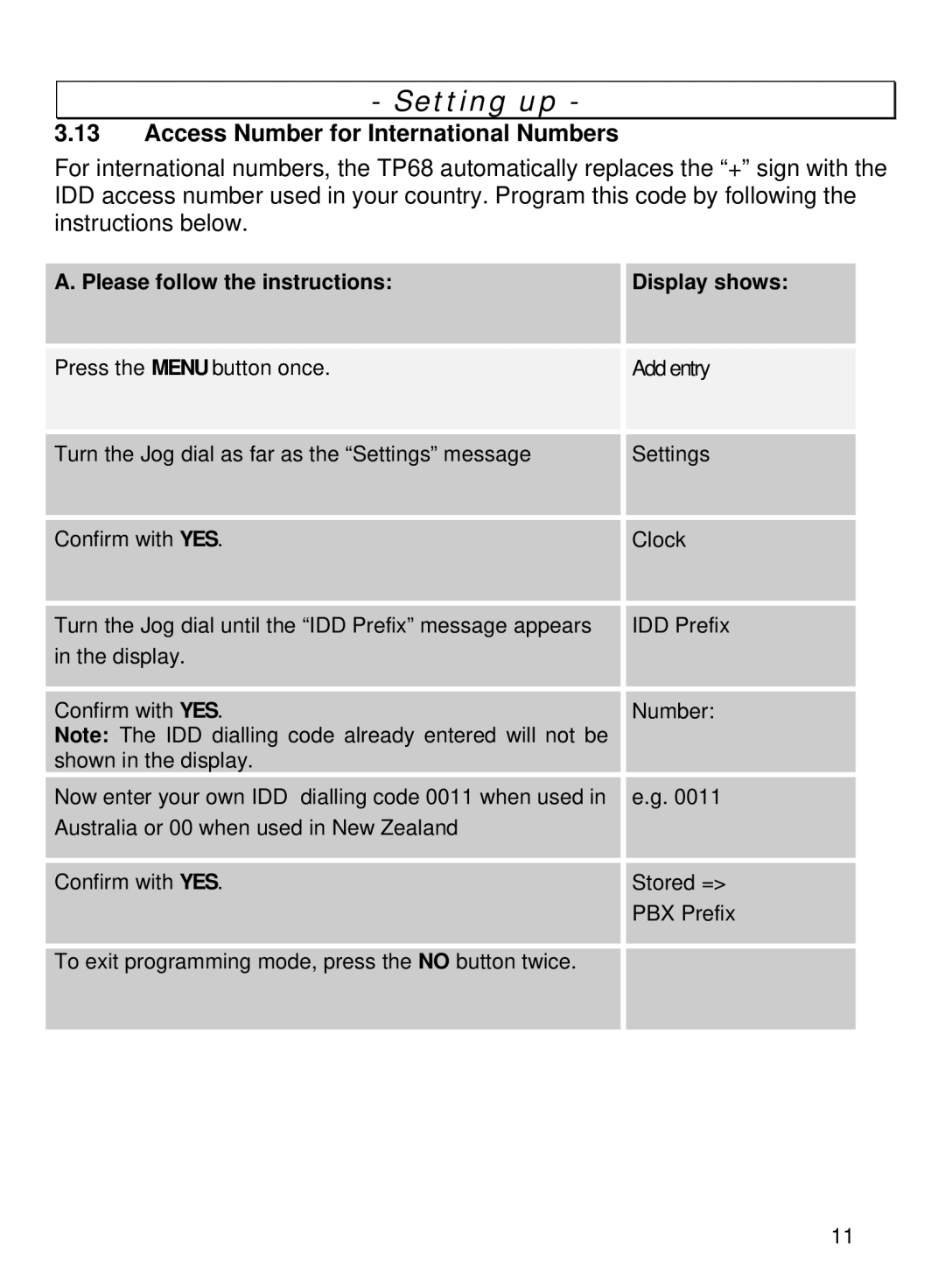 Oricom TP68 manual Access Number for International Numbers 