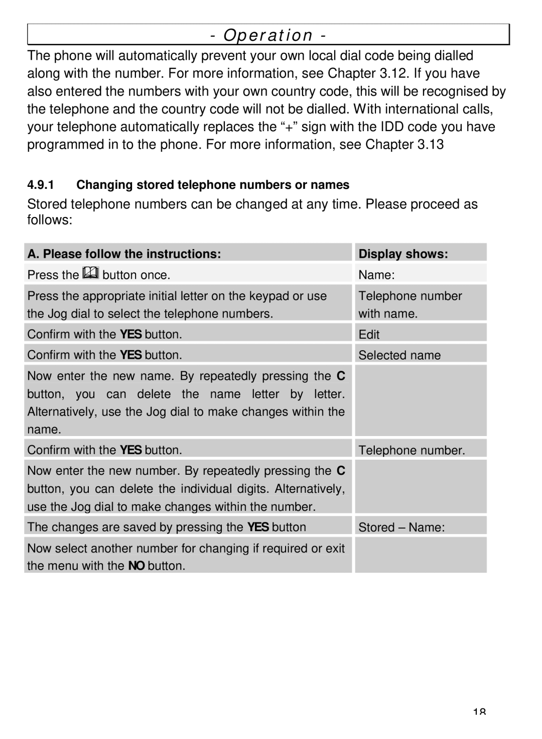 Oricom TP68 manual Changing stored telephone numbers or names 