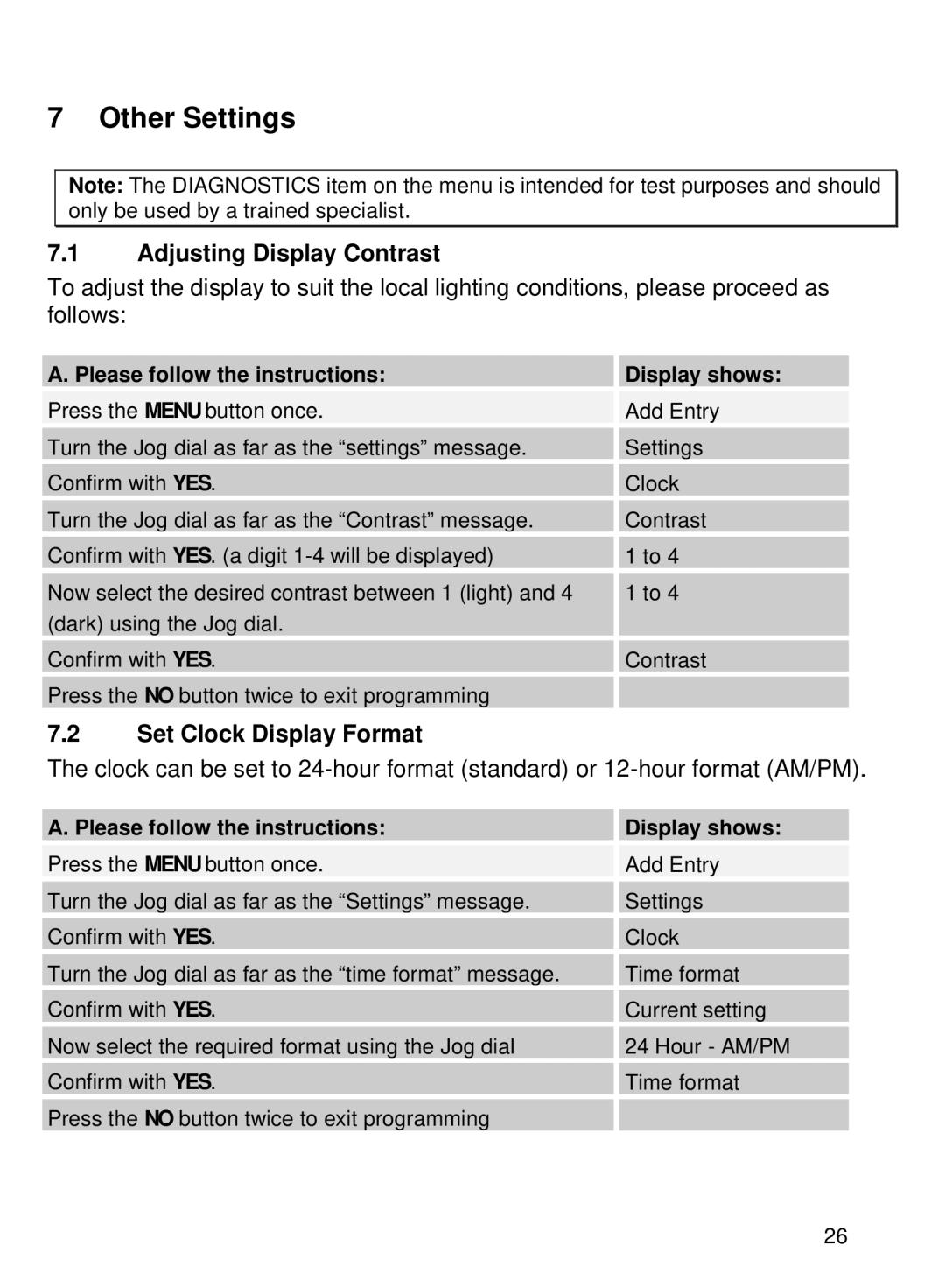 Oricom TP68 manual Other Settings, Adjusting Display Contrast, Set Clock Display Format 