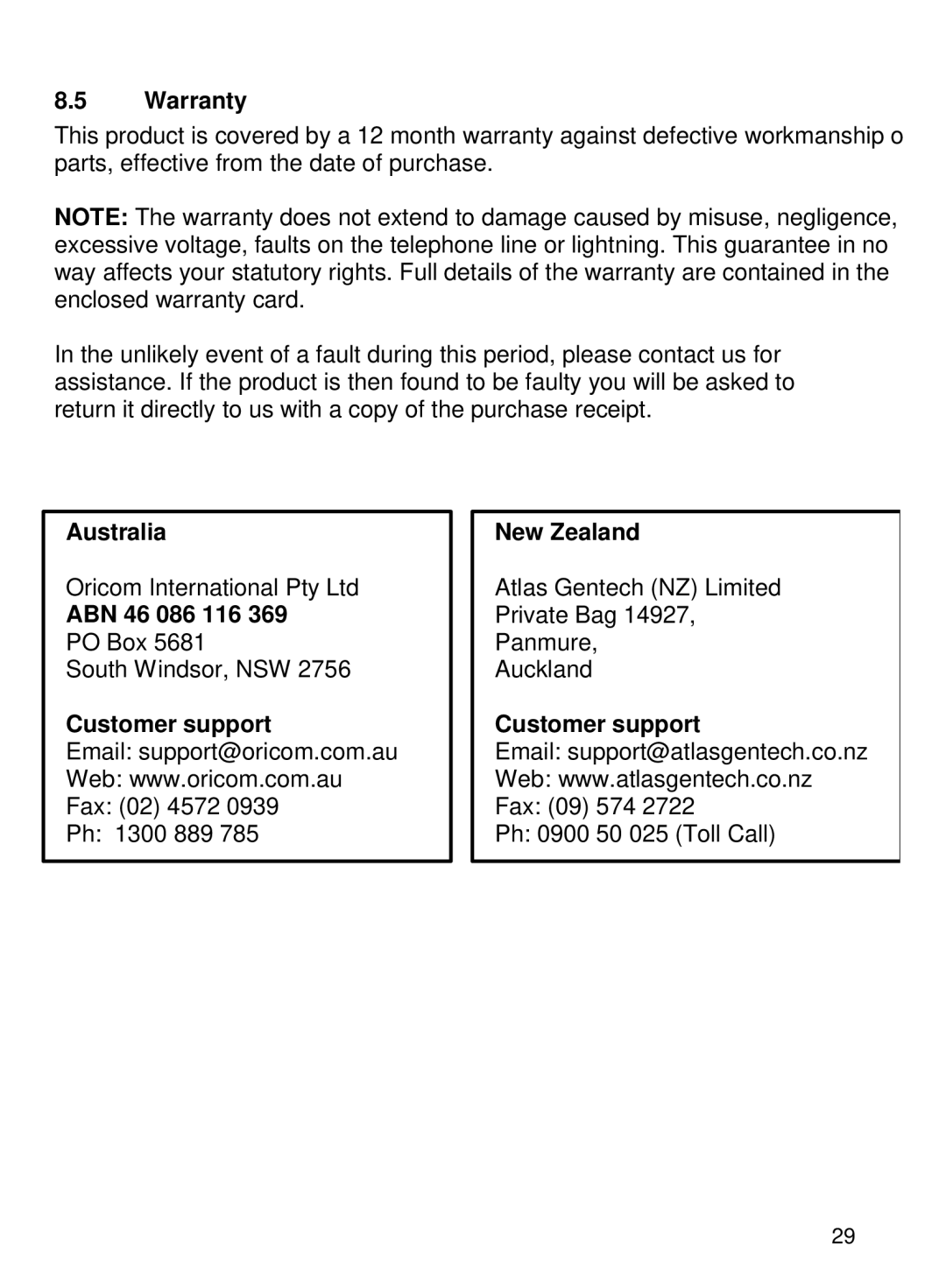 Oricom TP68 manual Warranty, Australia ABN 46 086 116, Customer support, New Zealand 