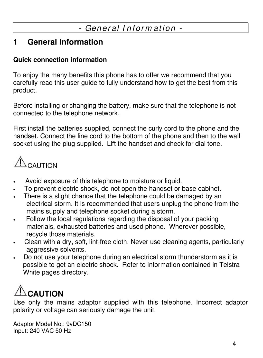 Oricom TP68 manual General Information, Quick connection information 