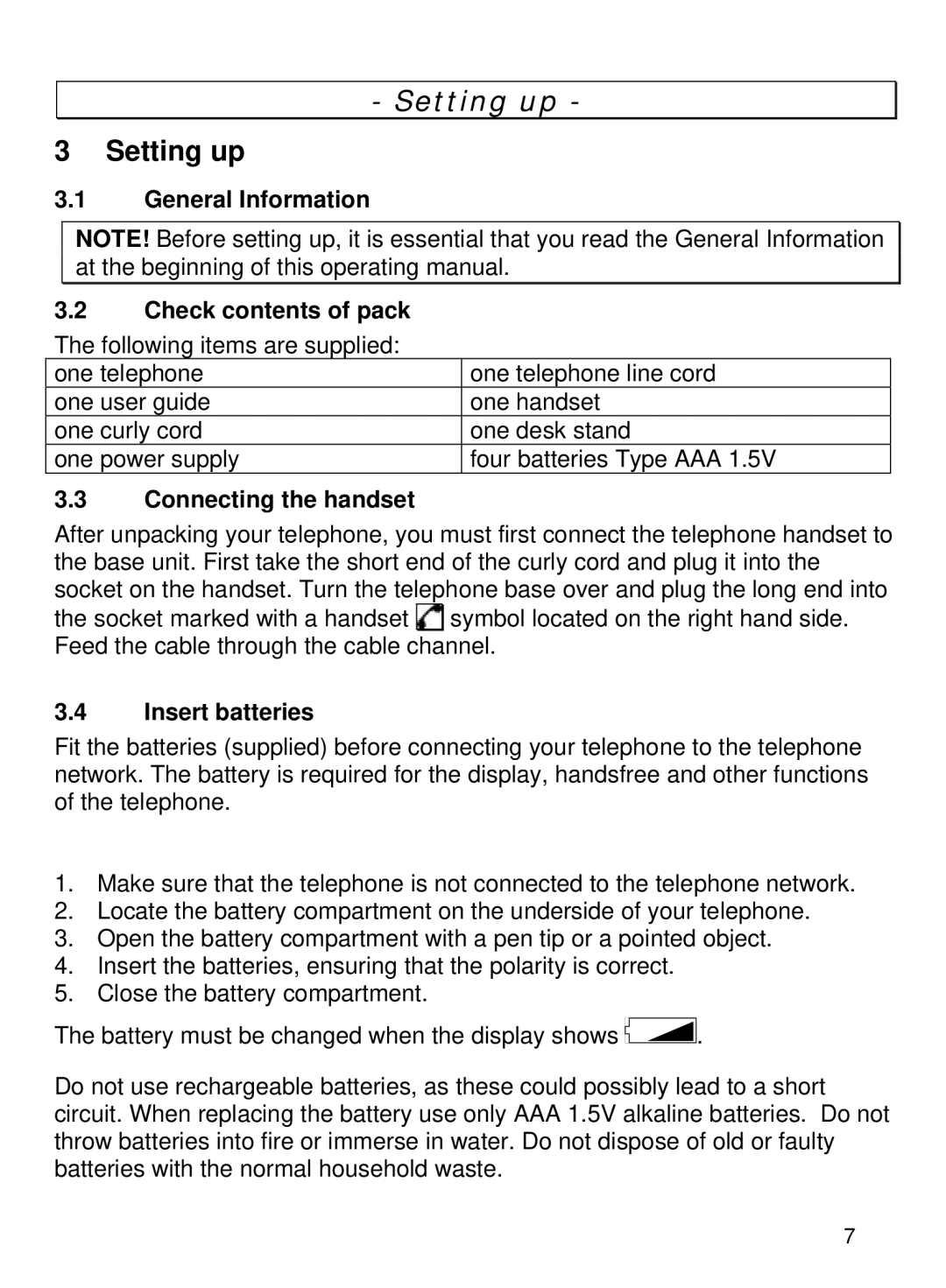 Oricom TP68 manual Setting up, General Information Check contents of pack, Connecting the handset, Insert batteries 