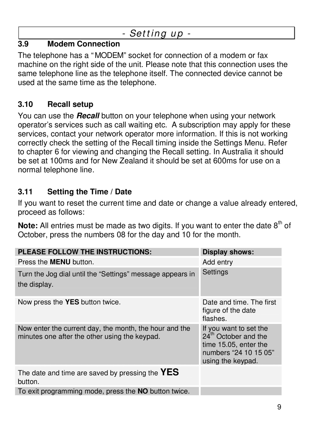 Oricom TP68 manual Modem Connection, Recall setup, Setting the Time / Date 