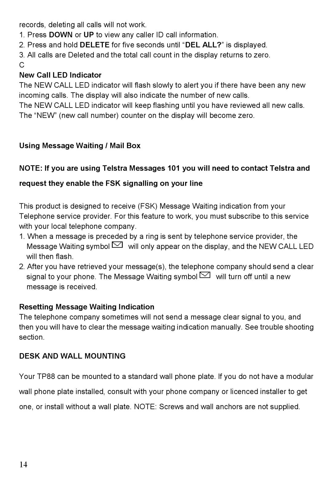 Oricom TP88 manual New Call LED Indicator, Using Message Waiting / Mail Box, Resetting Message Waiting Indication 