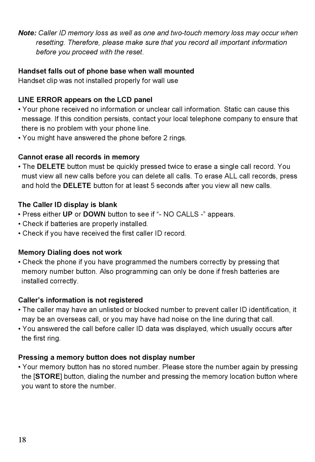 Oricom TP88 manual Handset falls out of phone base when wall mounted, Line Error appears on the LCD panel 