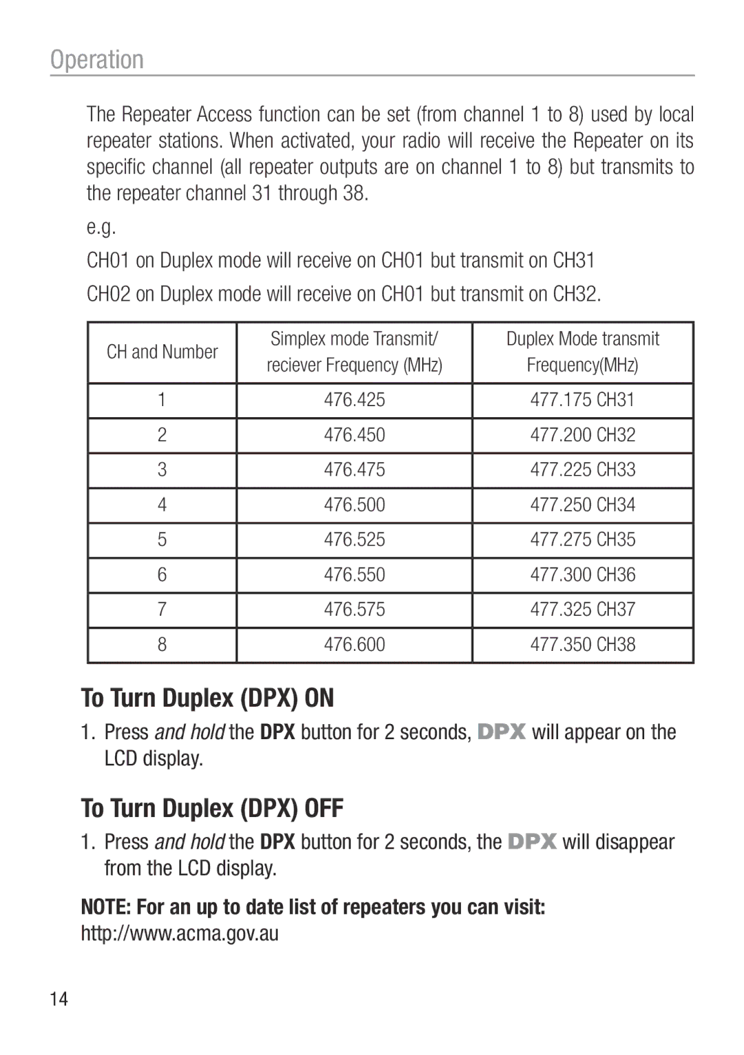 Oricom UHF050 manual To Turn Duplex DPX on, To Turn Duplex DPX OFF 