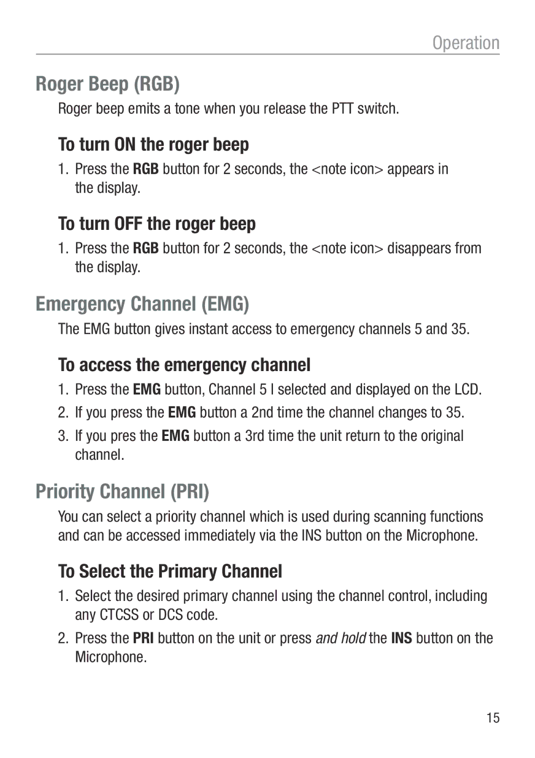 Oricom UHF050 manual Roger Beep RGB, Emergency Channel EMG, Priority Channel PRI 