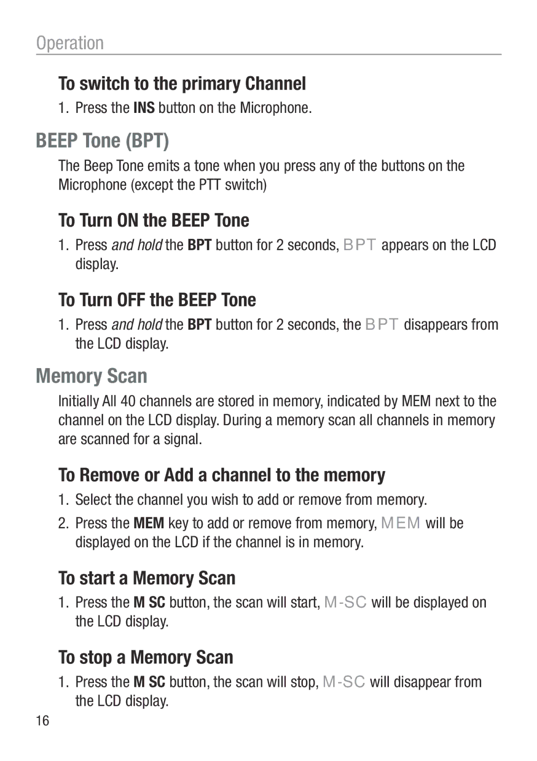 Oricom UHF050 manual Beep Tone BPT, Memory Scan 