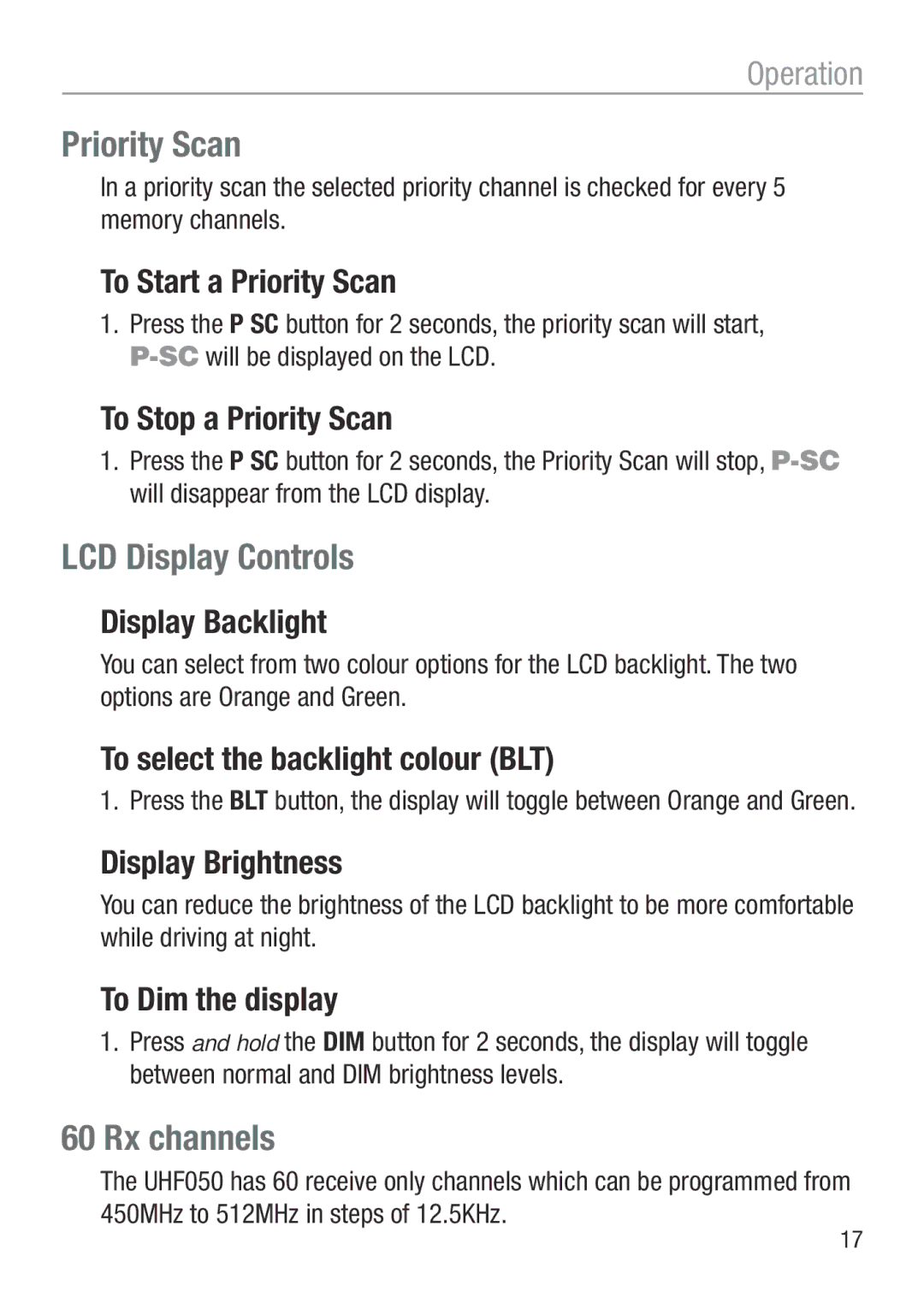 Oricom UHF050 manual Priority Scan, LCD Display Controls, Rx channels 