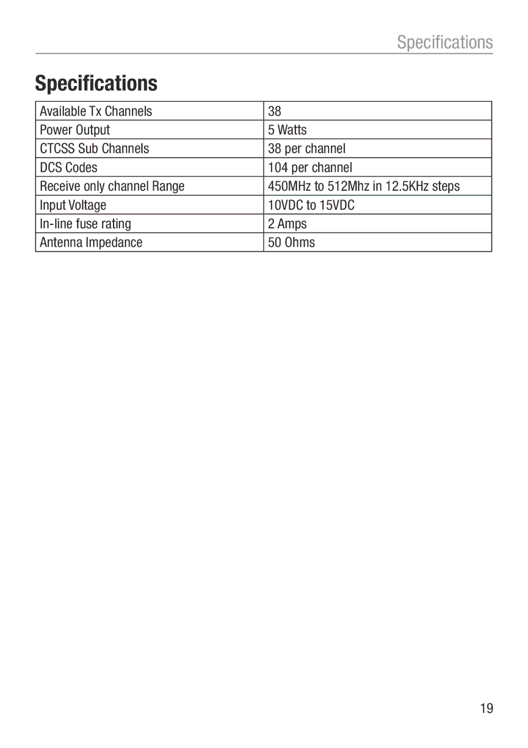 Oricom UHF050 manual Specifications 