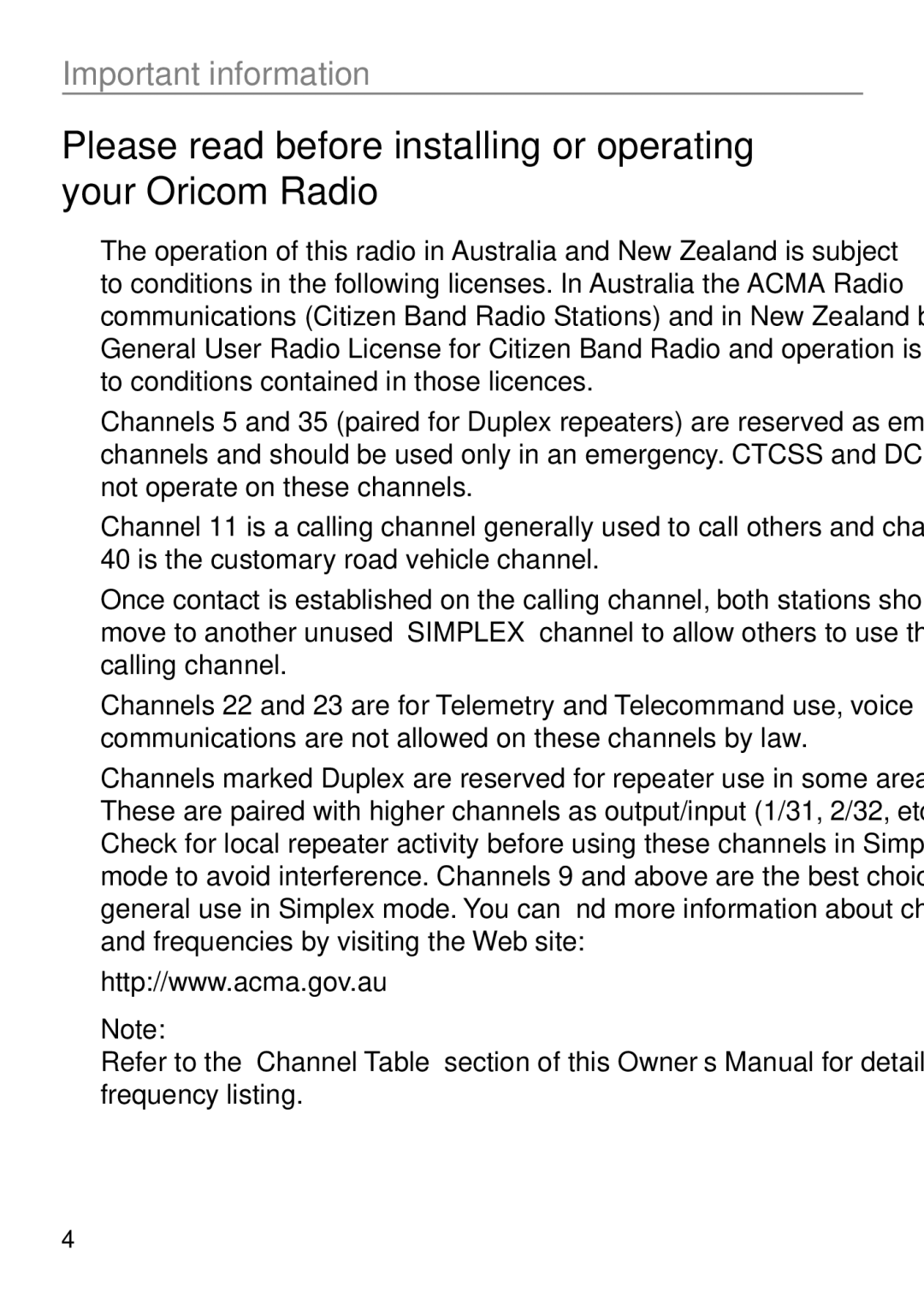 Oricom UHF050 manual Please read before installing or operating your Oricom Radio 