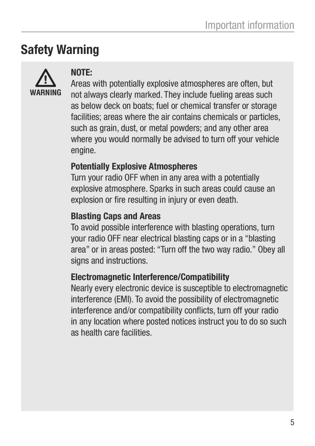 Oricom UHF050 manual Safety Warning, Blasting Caps and Areas 