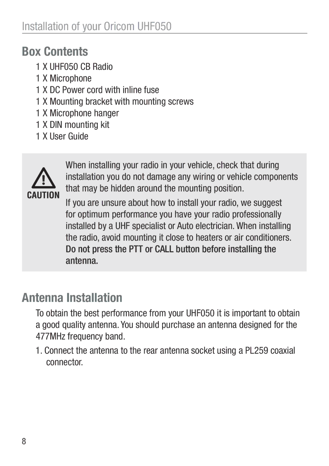 Oricom UHF050 manual Box Contents, Antenna Installation 