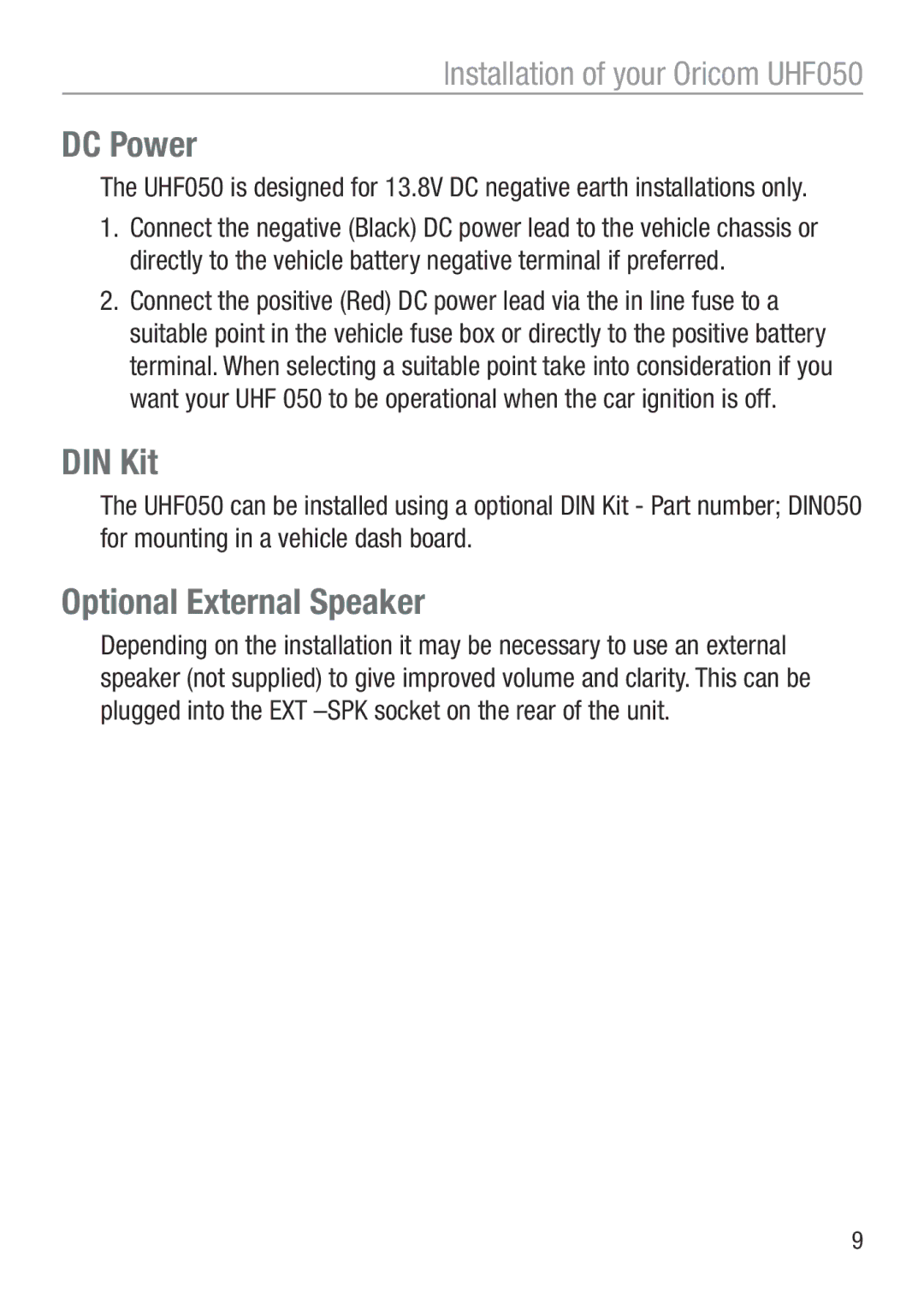 Oricom UHF050 manual DC Power, DIN Kit, Optional External Speaker 