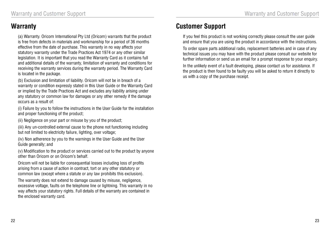 Oricom UHF080 manual Warranty, Customer Support 