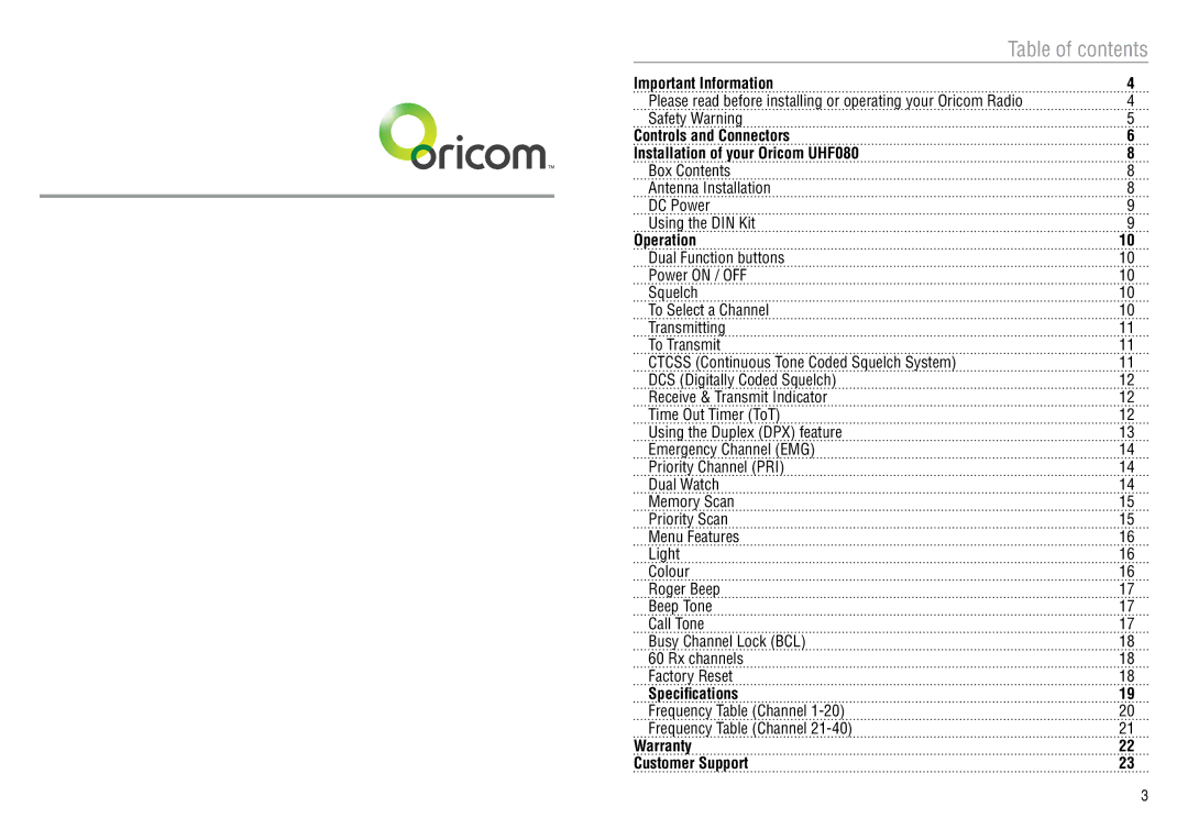 Oricom UHF080 manual Table of contents 