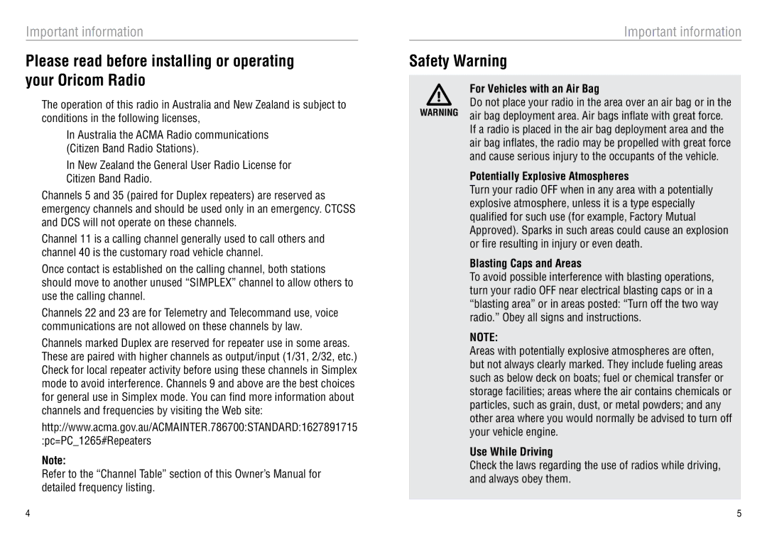 Oricom UHF080 manual Please read before installing or operating your Oricom Radio, Safety Warning 