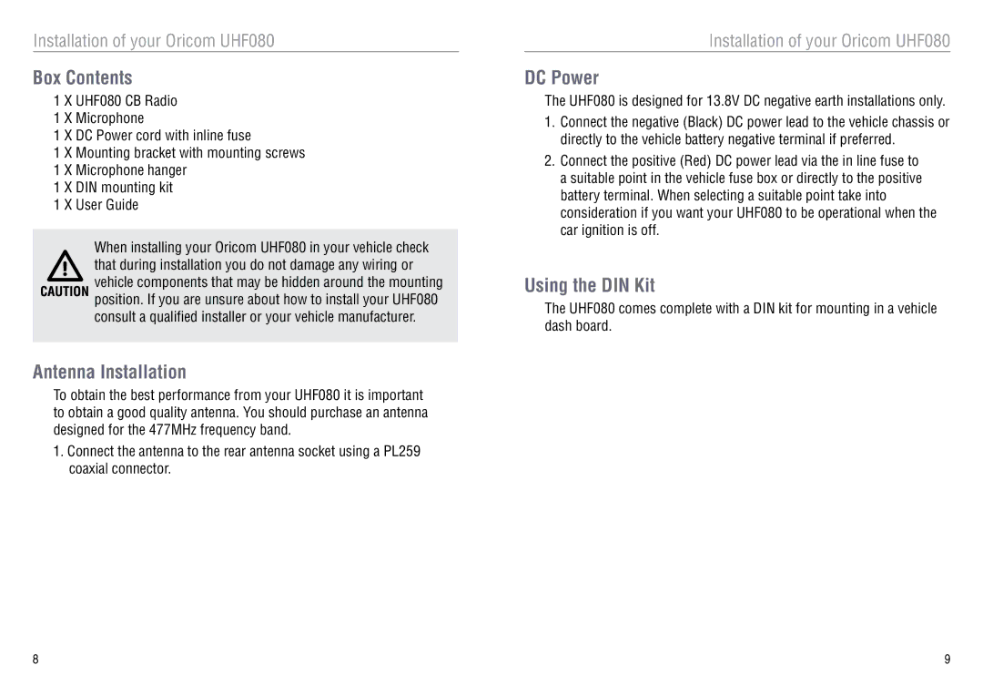 Oricom UHF080 manual Box Contents, Antenna Installation, DC Power, Using the DIN Kit 