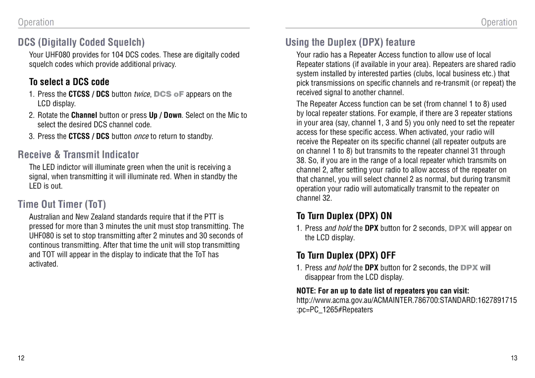 Oricom UHF080 DCS Digitally Coded Squelch, Receive & Transmit Indicator, Time Out Timer ToT, Using the Duplex DPX feature 