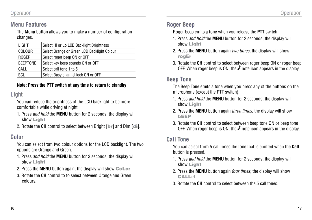 Oricom UHF080 manual Menu Features, Light, Color, Roger Beep, Beep Tone, Call Tone 