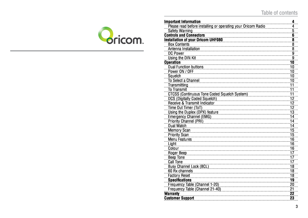 Oricom UHF080 manual Table of contents 