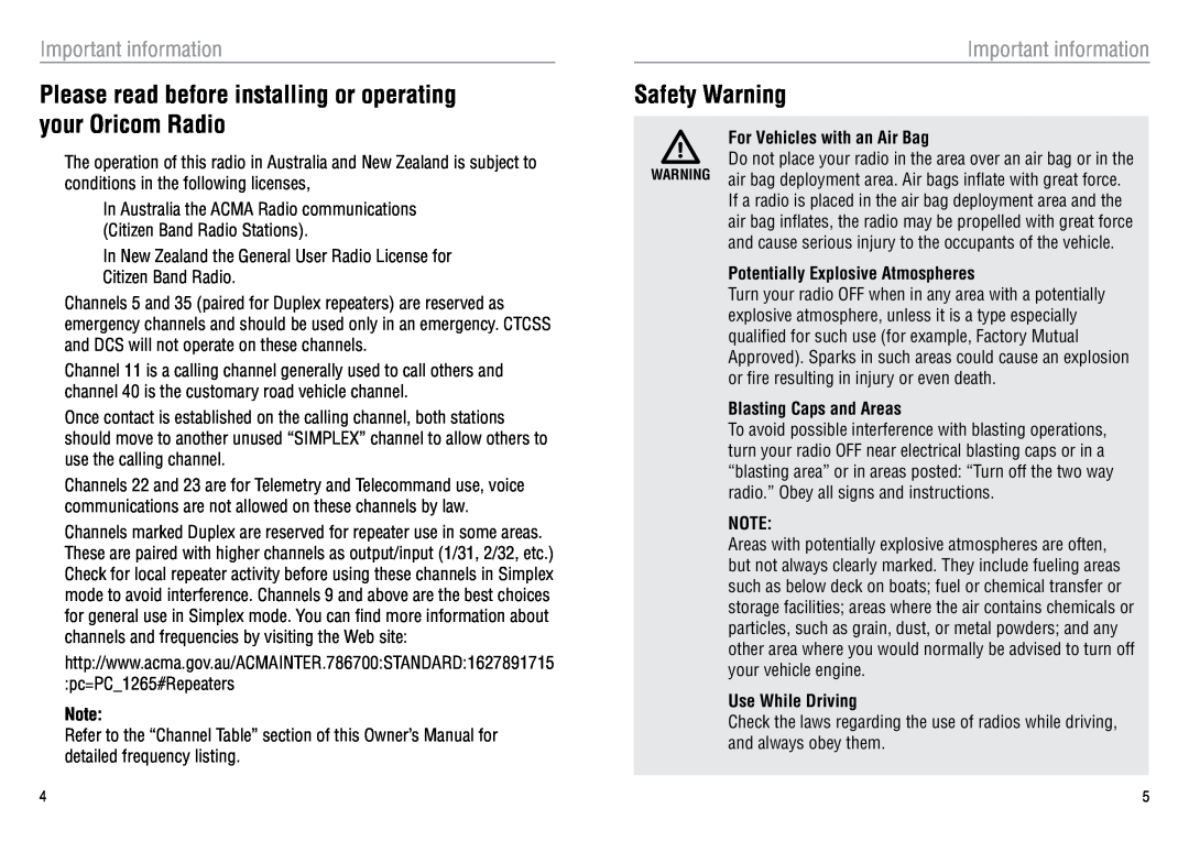 Oricom UHF080 manual Safety Warning, Important information 