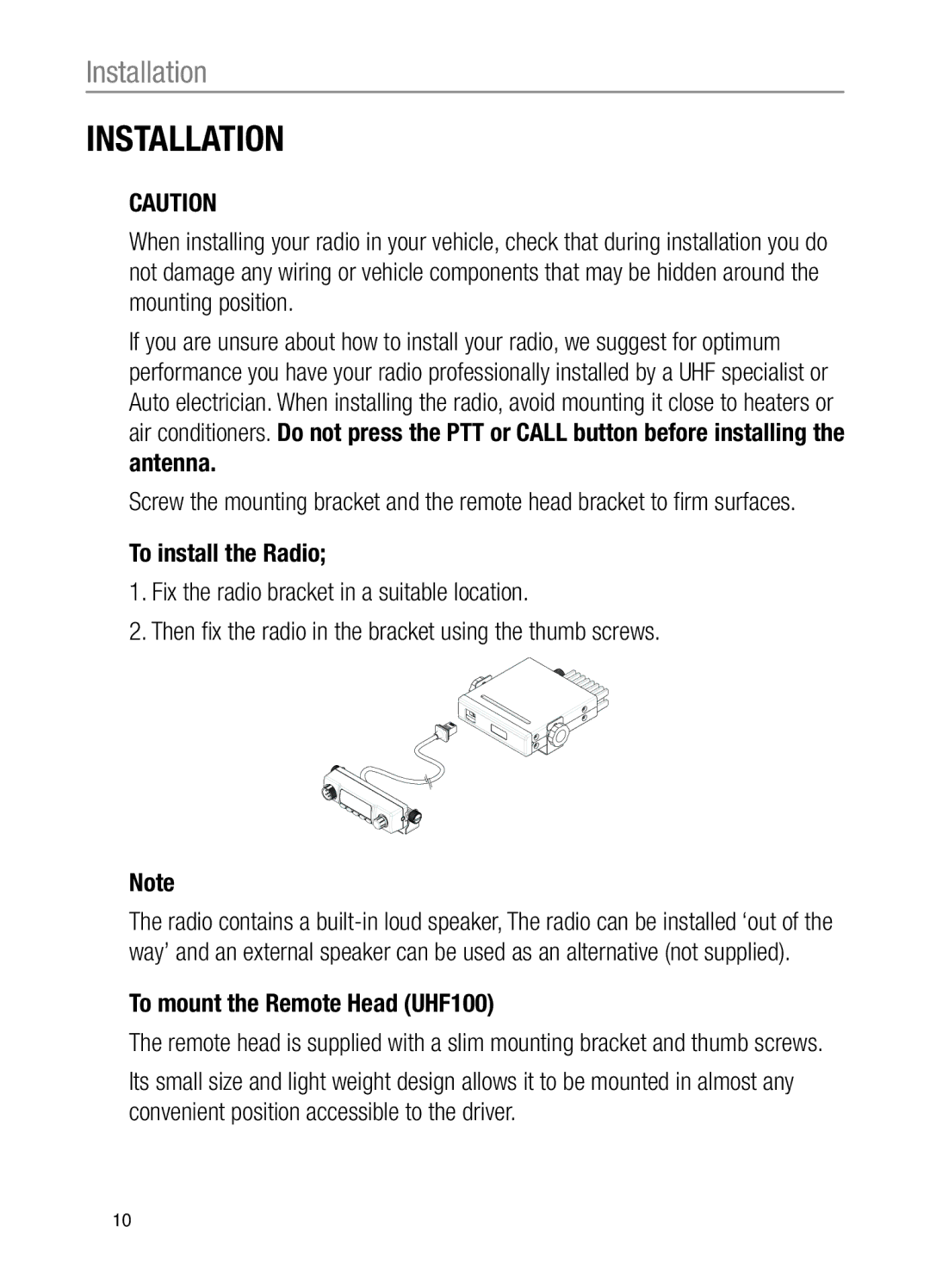 Oricom UHF200 operating instructions Installation, To mount the Remote Head UHF100 