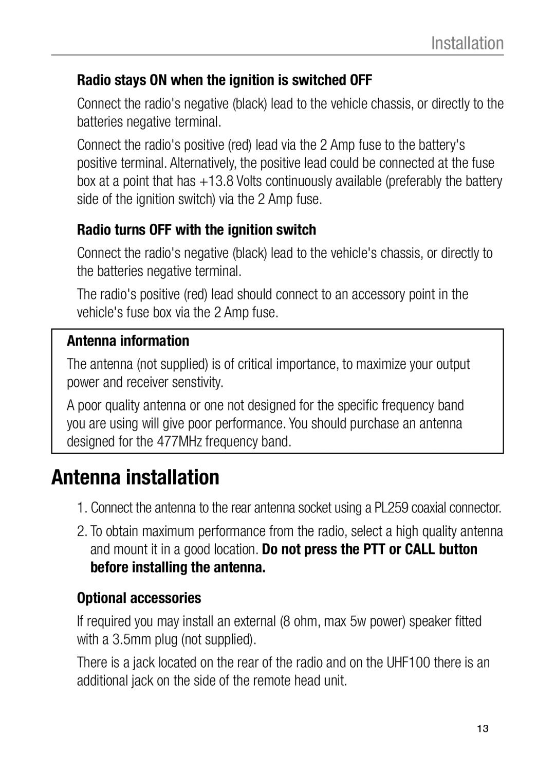 Oricom UHF100, UHF200 operating instructions Antenna installation 