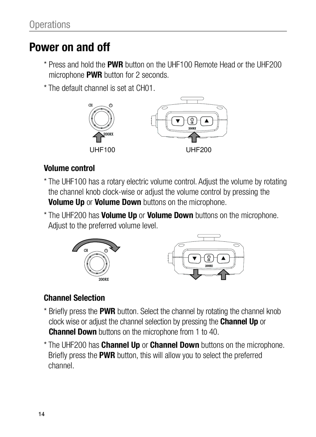 Oricom UHF200, UHF100 operating instructions Power on and off, Volume control, Channel Selection 