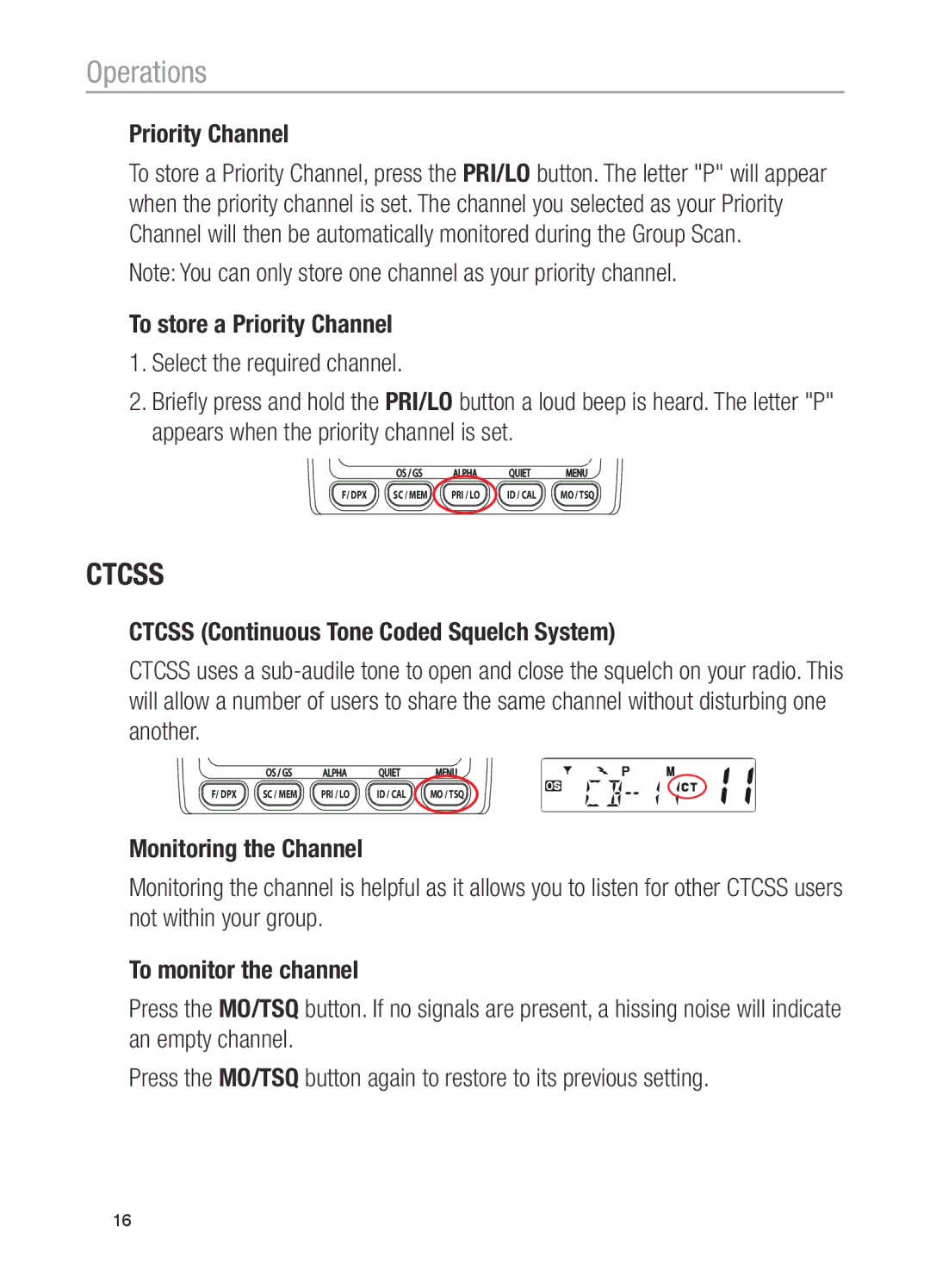 Oricom UHF200, UHF100 operating instructions Ctcss, Priority Channel 