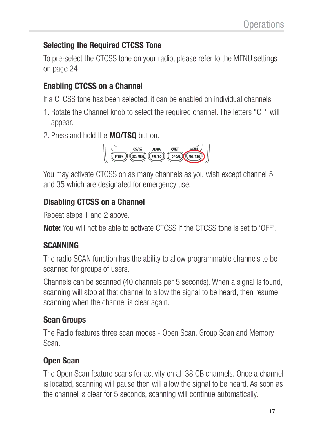 Oricom UHF100, UHF200 operating instructions Disabling Ctcss on a Channel Repeat steps 1 and 2 above, Scanning 