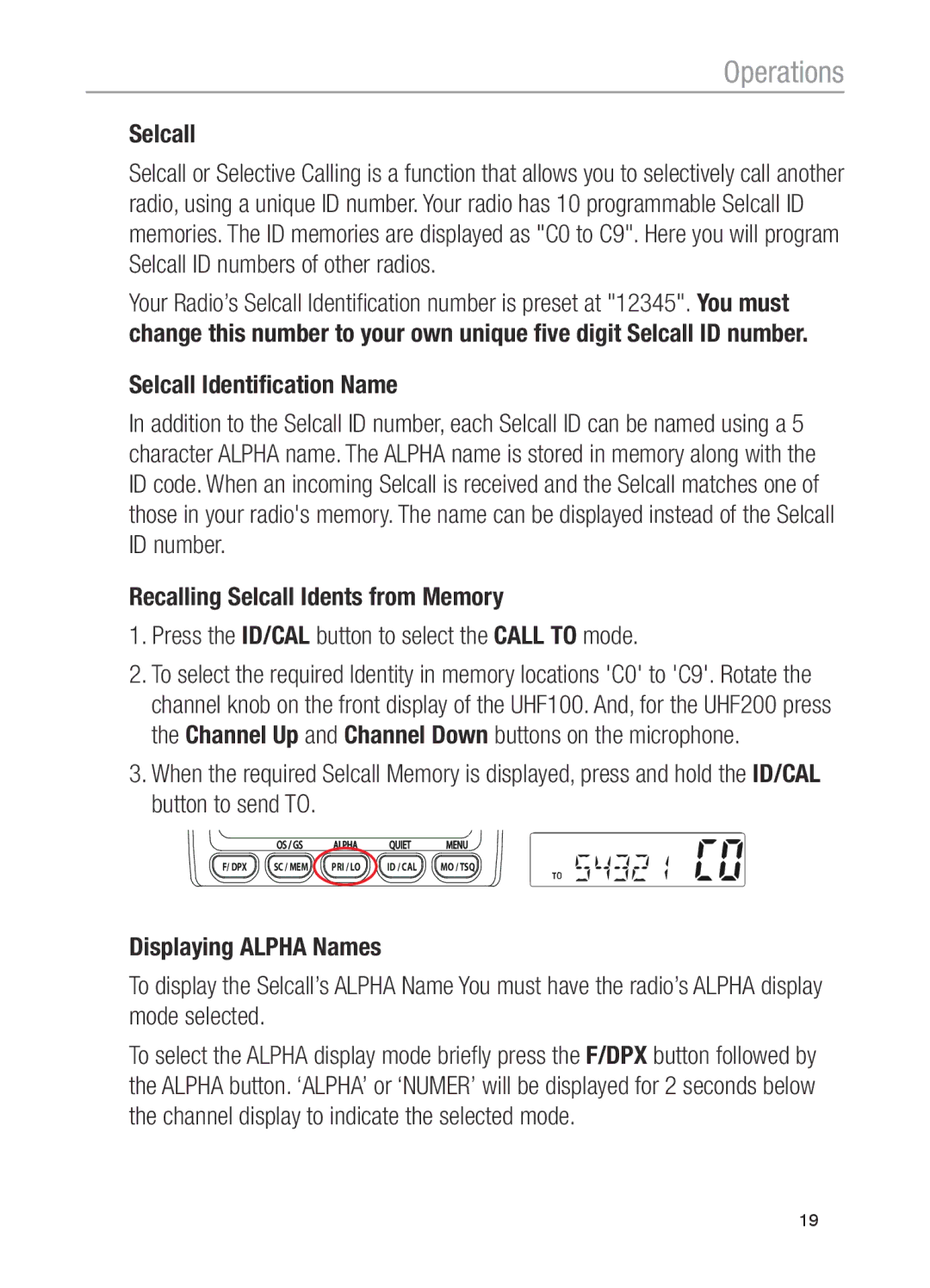 Oricom UHF100, UHF200 operating instructions Selcall Identification Name 