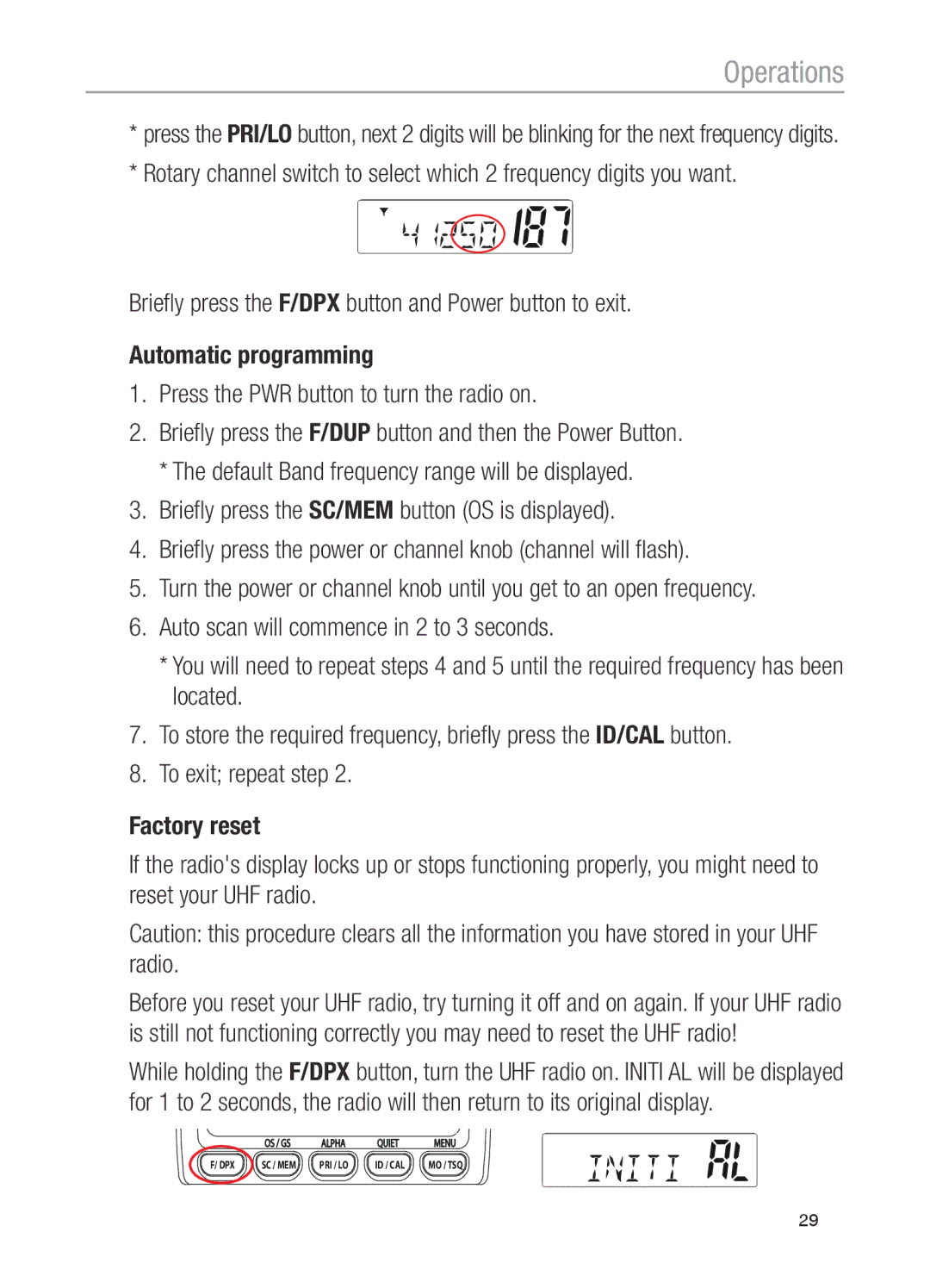 Oricom UHF100, UHF200 operating instructions Operations 