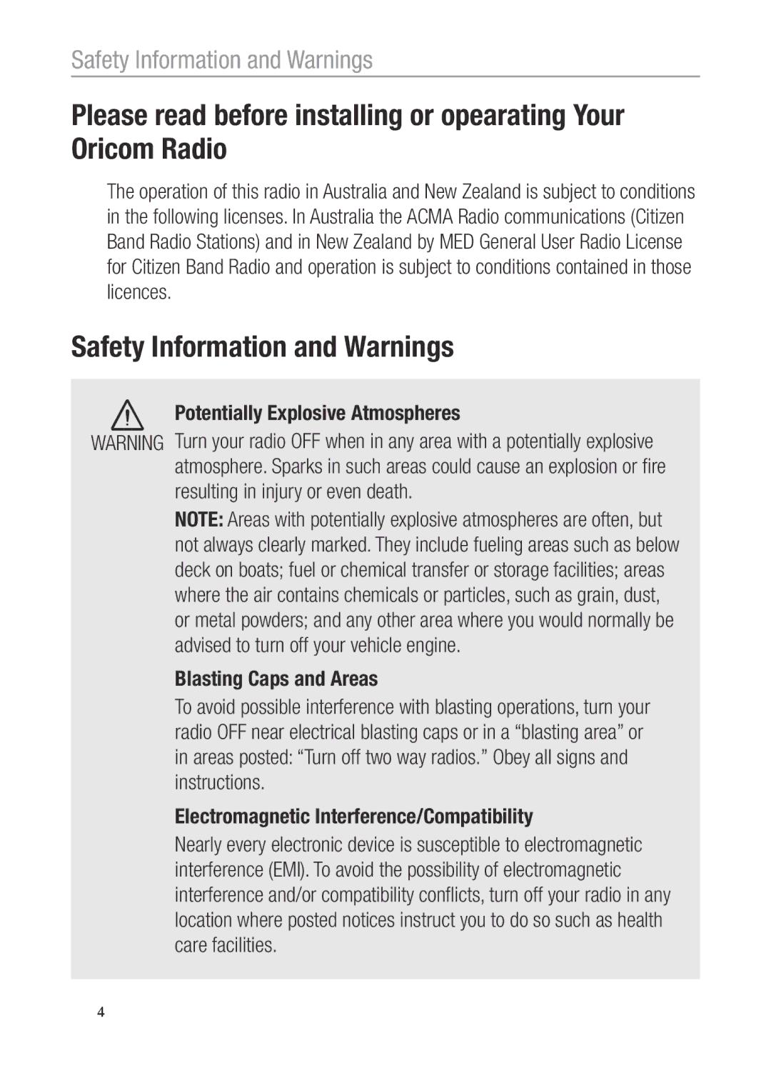 Oricom UHF200, UHF100 operating instructions Safety Information and Warnings, Electromagnetic Interference/Compatibility 