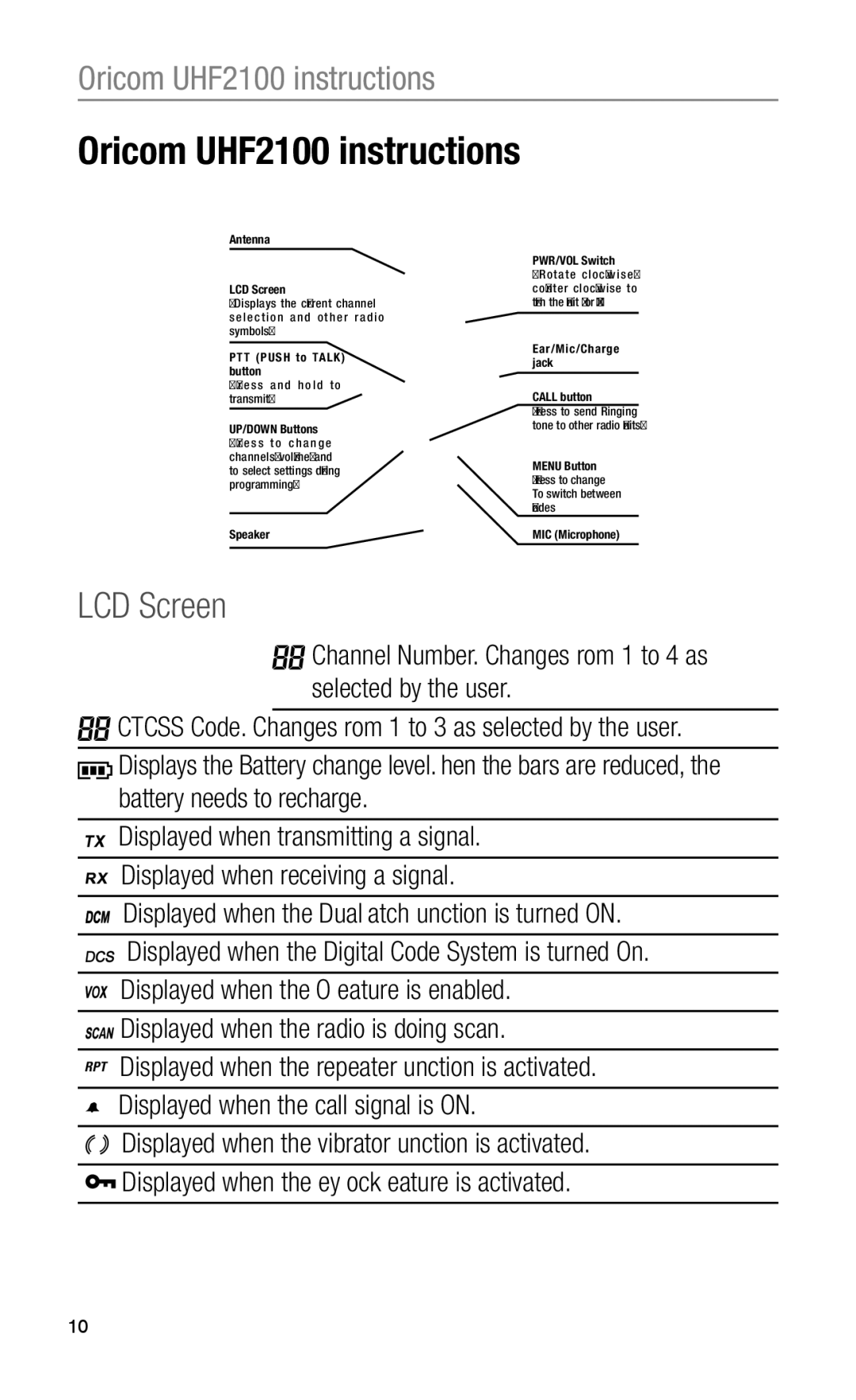 Oricom manual Oricom UHF2100 instructions, LCD Screen 