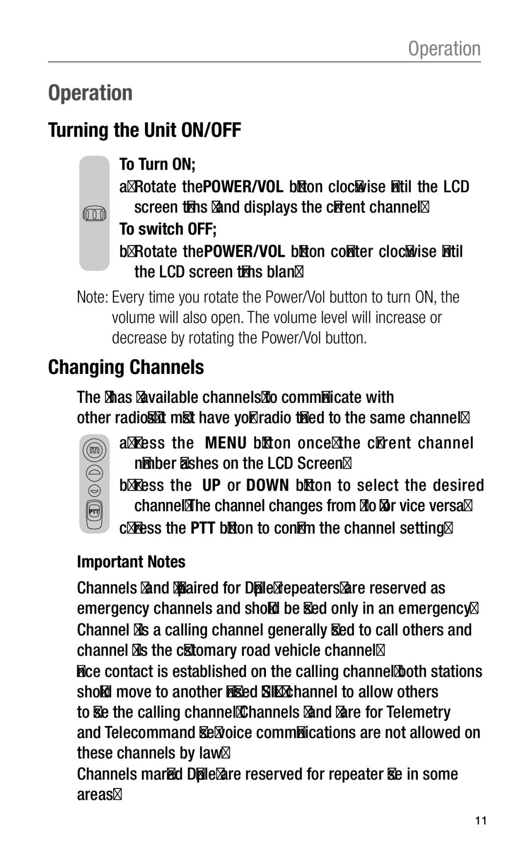 Oricom UHF2100 manual Operation, Turning the Unit ON/OFF, Changing Channels, To Turn on 